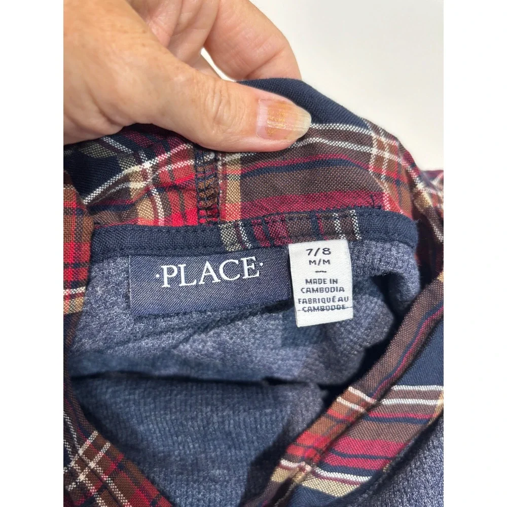 The Children's Place Hoodie Kids 7/8 Blue Waffle Knit Plaid Lined Hood Pullover